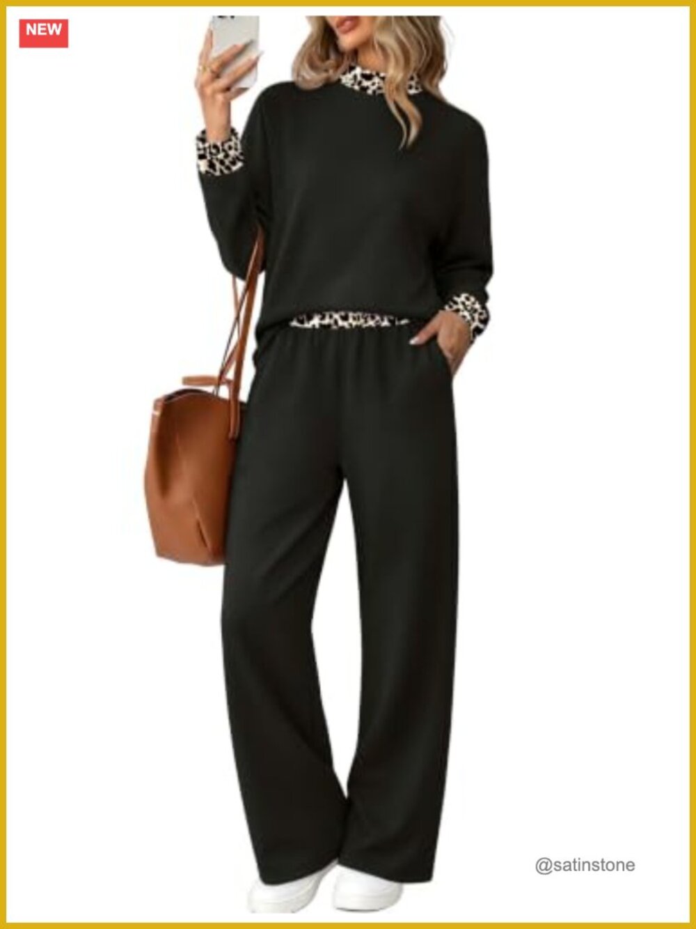Two Piece Lounge Set Mock Neck Long Sleeve Wide Leg Pants with Pockets